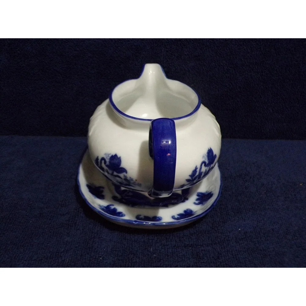 Vintage Johnson Bros. Flow Blue & White Gravy‎ Boat with Flow Blue Underplate
